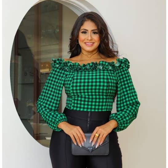 Blusa Xadrez Cropped Babado Manga Longa Veste 38/40 Lançamento Fashion Inverno  2026