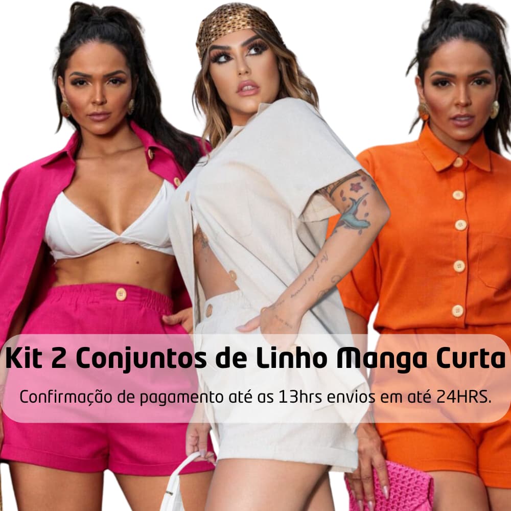 Novidade Kit 2 Conjuntos de Linho Shorts com Bolsos e Kimono