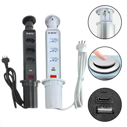 Torre De Tomadas 20a Multiplug Com 3 Tomadas USB + USB c De Embutir Mesa Bancada Branca Ou Preto