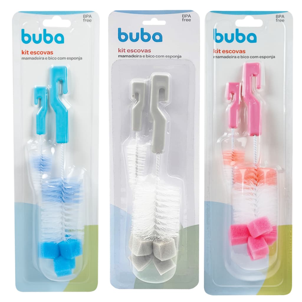 Kit Escovas Para Limpeza de Mamadeiras E Bicos Com Esponja Buba Rosa Azul Cinza Multiuso