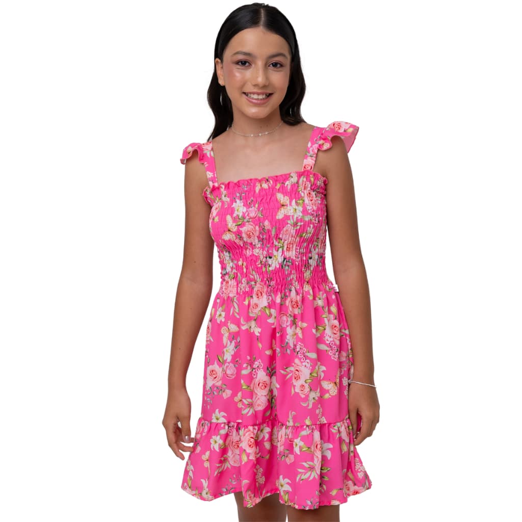 Vestido Menina Infantil Juvenil Estampado Alça Curto Babado Floral Borboleta Lastex Delicado