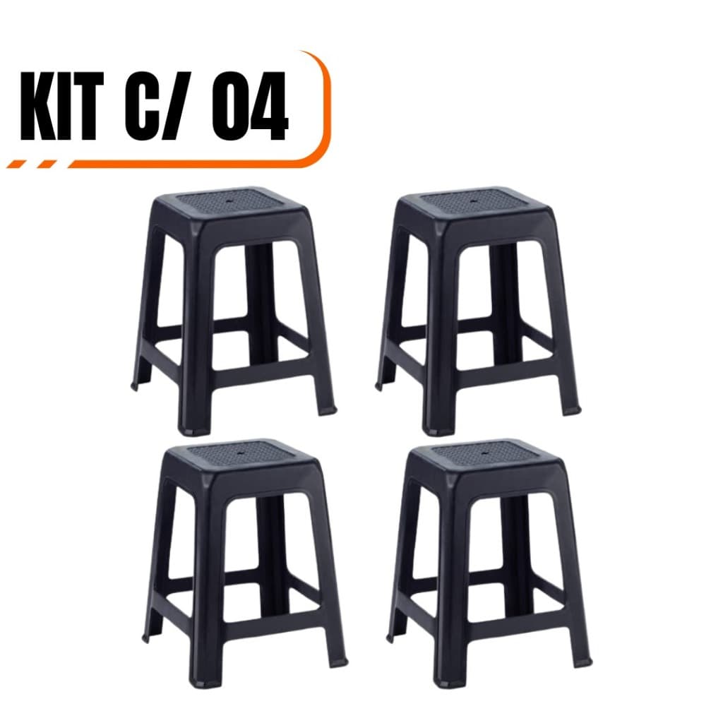 Kit Com 4 Banqueta Plástico Banco Resistente Suporta Até 120Kg Branca /Preta