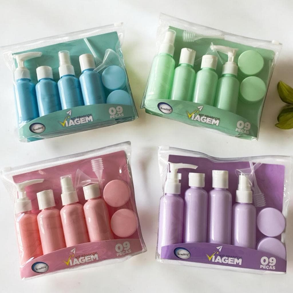 Kit Para Viagem 9 Peças c/ Bolsa- Porta Shampoo- Mini Frascos- Pote Creme -COR PASTEL INTERPONTE