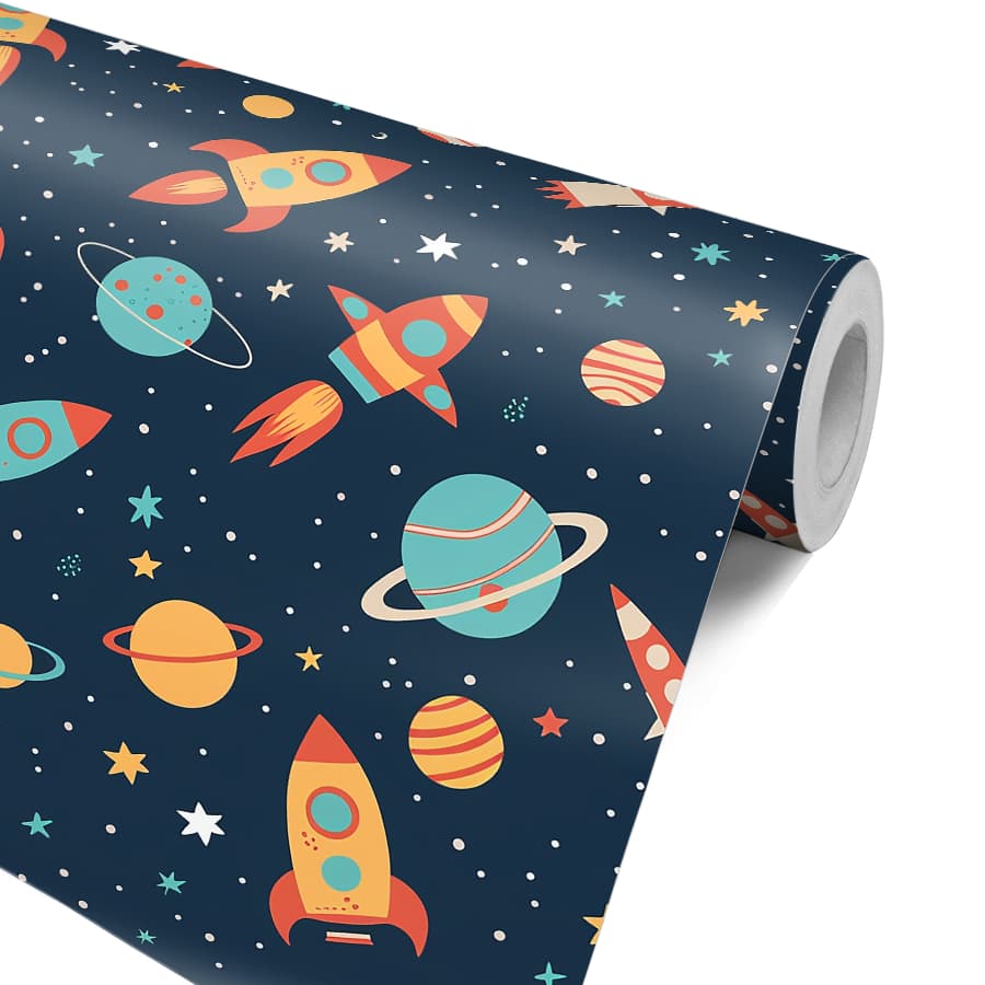 Papel de Parede Infantil Astronauta Espaço Sideral Foguetes Planetas Quarto Menino Adesivo Lavável