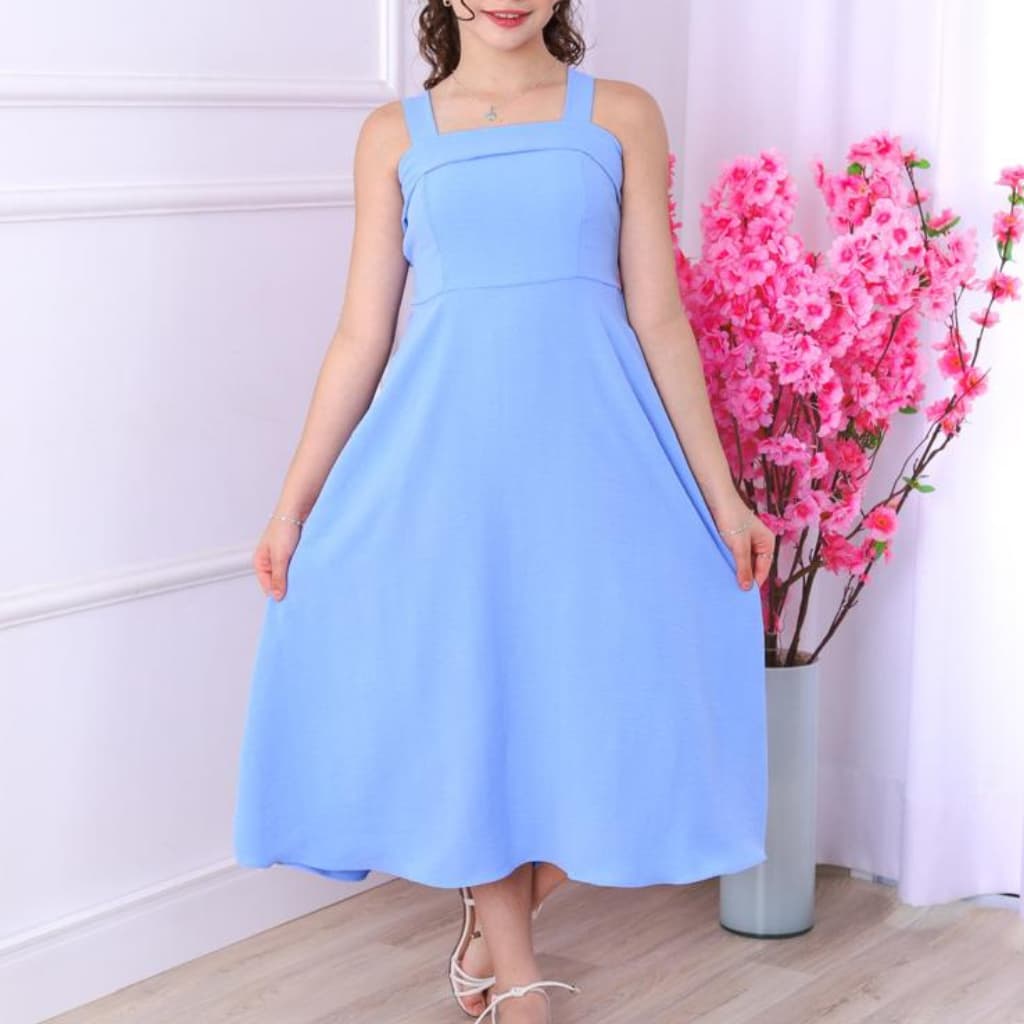 Vestido Longo Juvenil Liso Alcinha Elástico nas Costas Elegante Bolsos Laterais