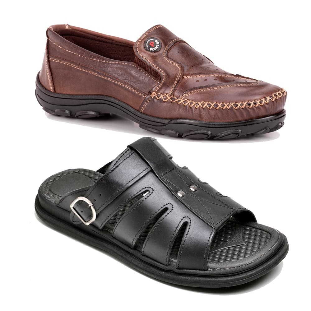 Kit Sapatilha Forrada + Sandalia Franciscana Masculina em Couro Legitimo