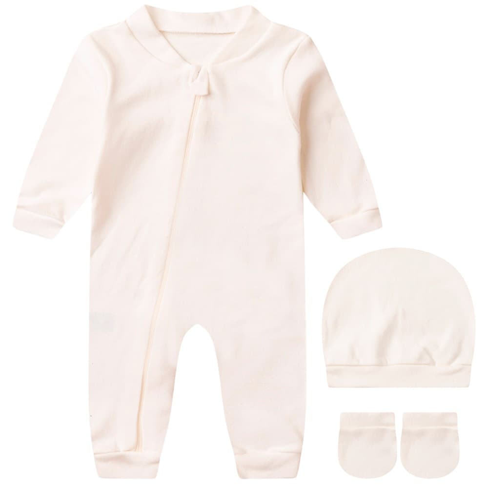 Kit Bebê (3 Peças) Macacão, Touca e Luva Suedine Liso Off White (RN/P)