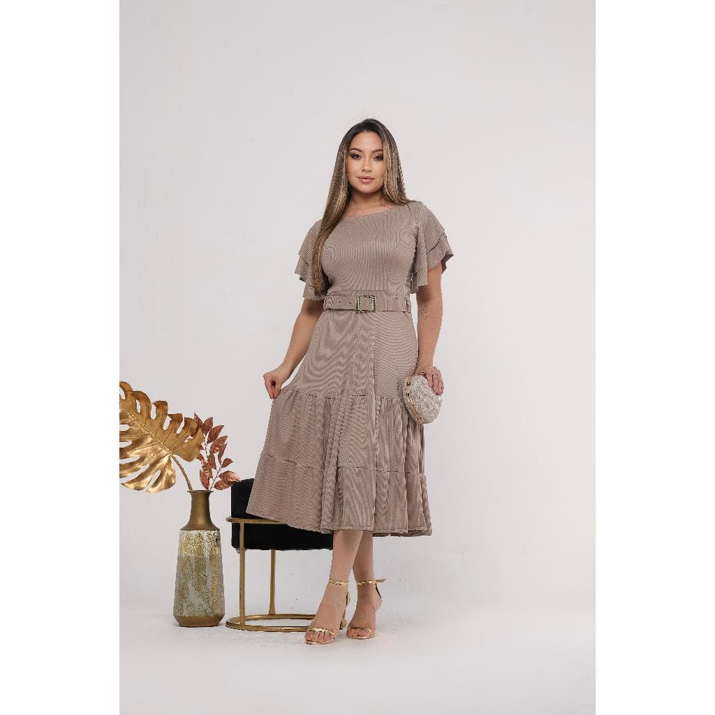 VESTIDO RODADO MODA EVANGELICA COM MANGA DE BABADO E CINTO PERSONALIZADO