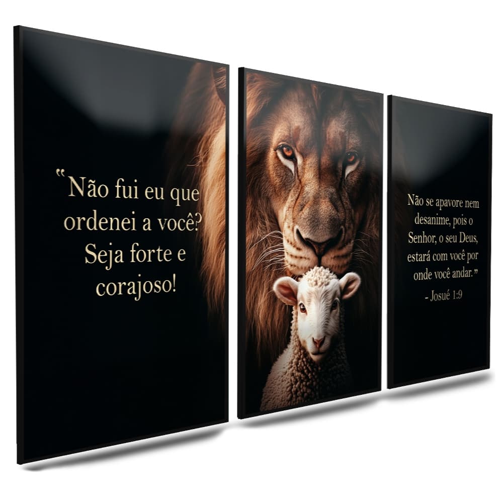 Kit Quadros Decorativos Leão de Judá e Ovelha Frase Motivacional Senhor Deus Religião 3 Peças Religioso (L. OVELHA)