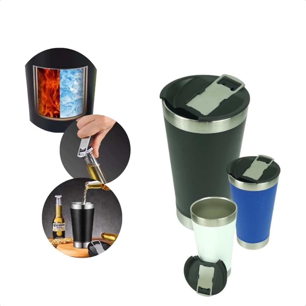 Copo Térmico Inox 473ml Com Tampa e Abridor de Garrafas Quente e Gelado Cerveja Personalizavel Laser