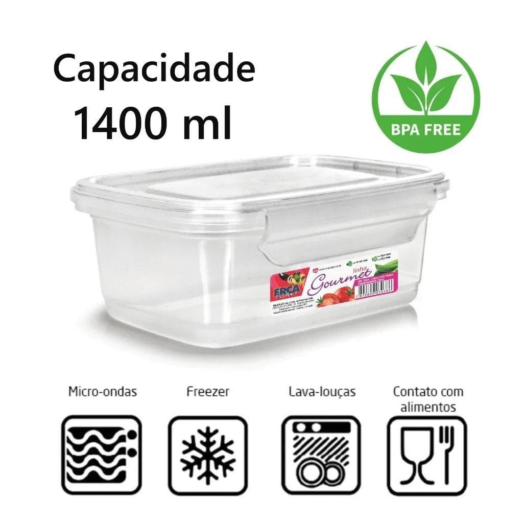 KIT MARMITAS FITNESS 1400 ML PARA FREEZER E MICROONDAS POTES PLÁSTICOS COM TRAVA GRANDE COZINHA ORGANIZAR ALIMENTOS