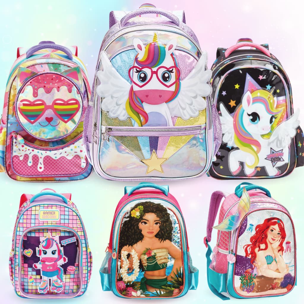 Mochila Menina Feminina Bolsa Escolar Infantil Unicórnio Sereia Princesa Pequena / Grande Pré Creche