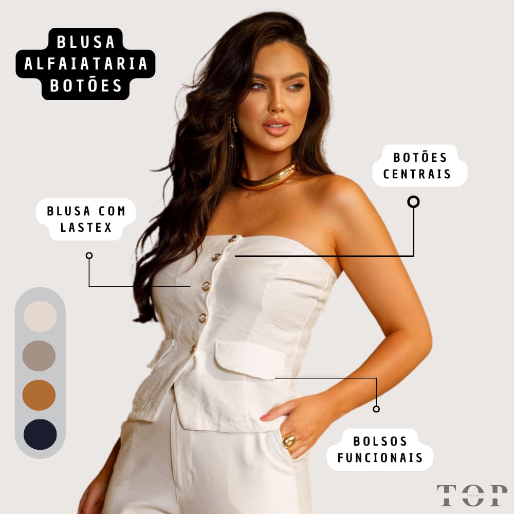 Blusa Feminina Tomara Que Caia Alfaiataria Sem Alça com Botões Tecido Premium Marant