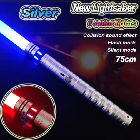 Sabre de Luz Silver Prata 75 cm RGB com Efeitos Sonoros, 15 Cores Ideal para Batalhas de Star Wars