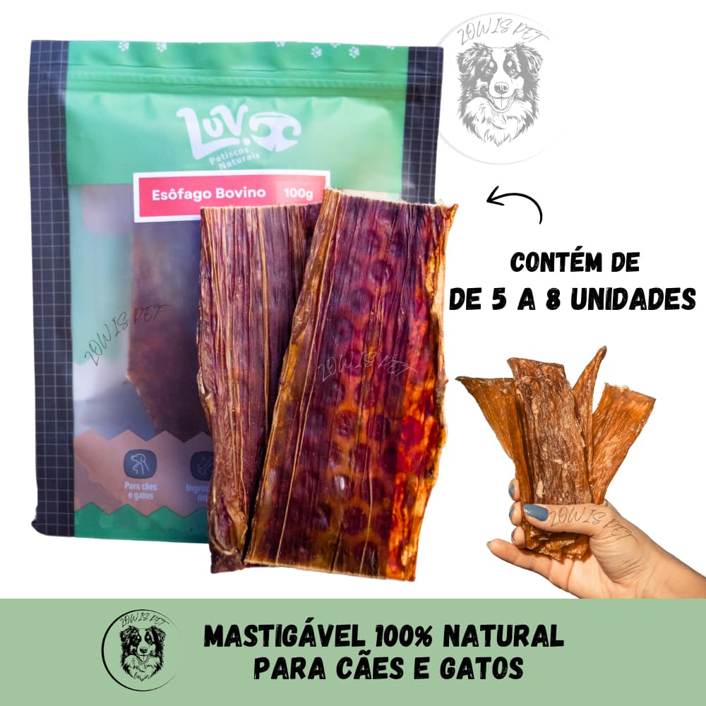 Mordedor Natural para Cachorro Cães - Esôfago Bovino 100g (5 a 8 unidades) - Luv Petiscos