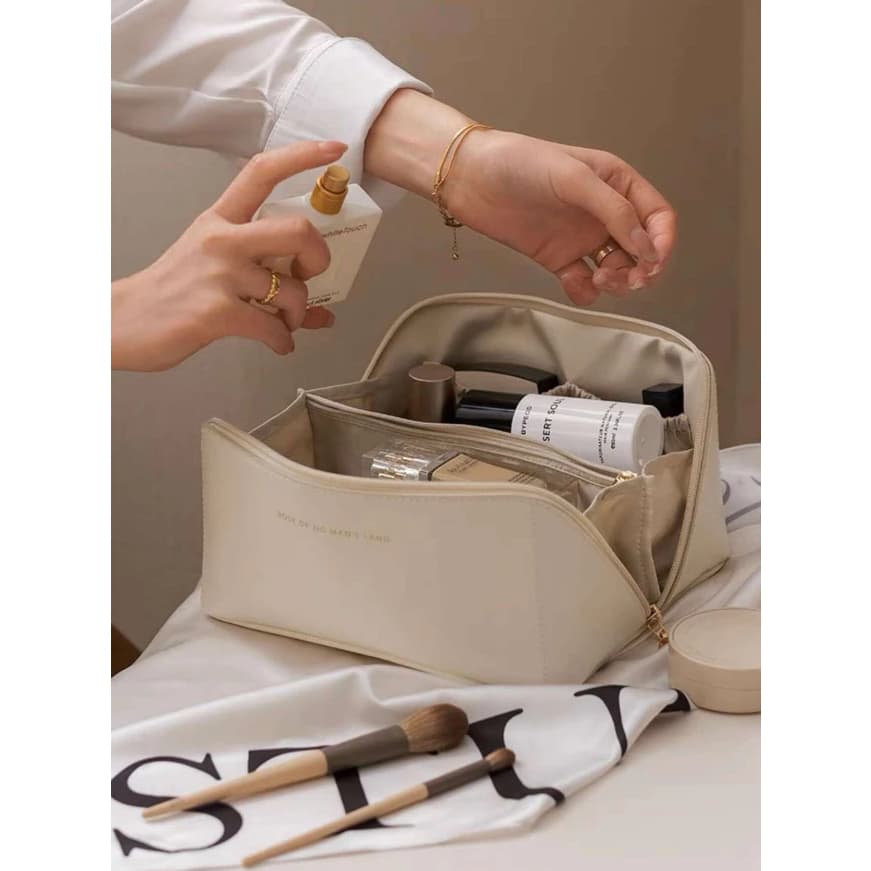 Bolsa cosmética de couro Bolsa cosmética portátil de viagem de grande capacidade
