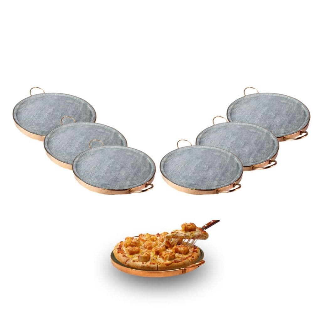 KIT: 06 Formas de Pizza de Pedra Sabão de 32cm C/Alça de cobre