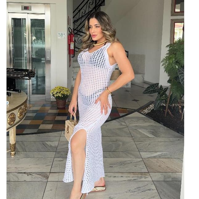 Saída de Praia Longa Rendada Crochê Rendada Tricot elegante Com Fenda Lateral