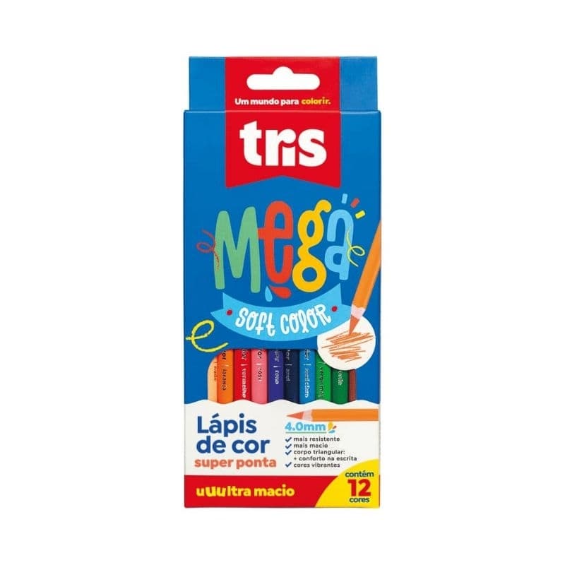 Lápis de cor 12 cores escolar mega soft super ponta 4.0mm resistente tris