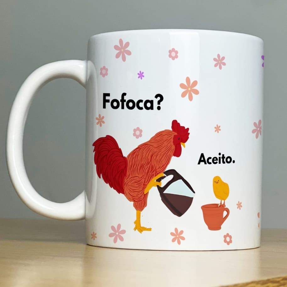 Caneca Personalizada Fofoca Galinha Amiga - Xícara de Porcelana com Frases Engraçadas e Divertidas