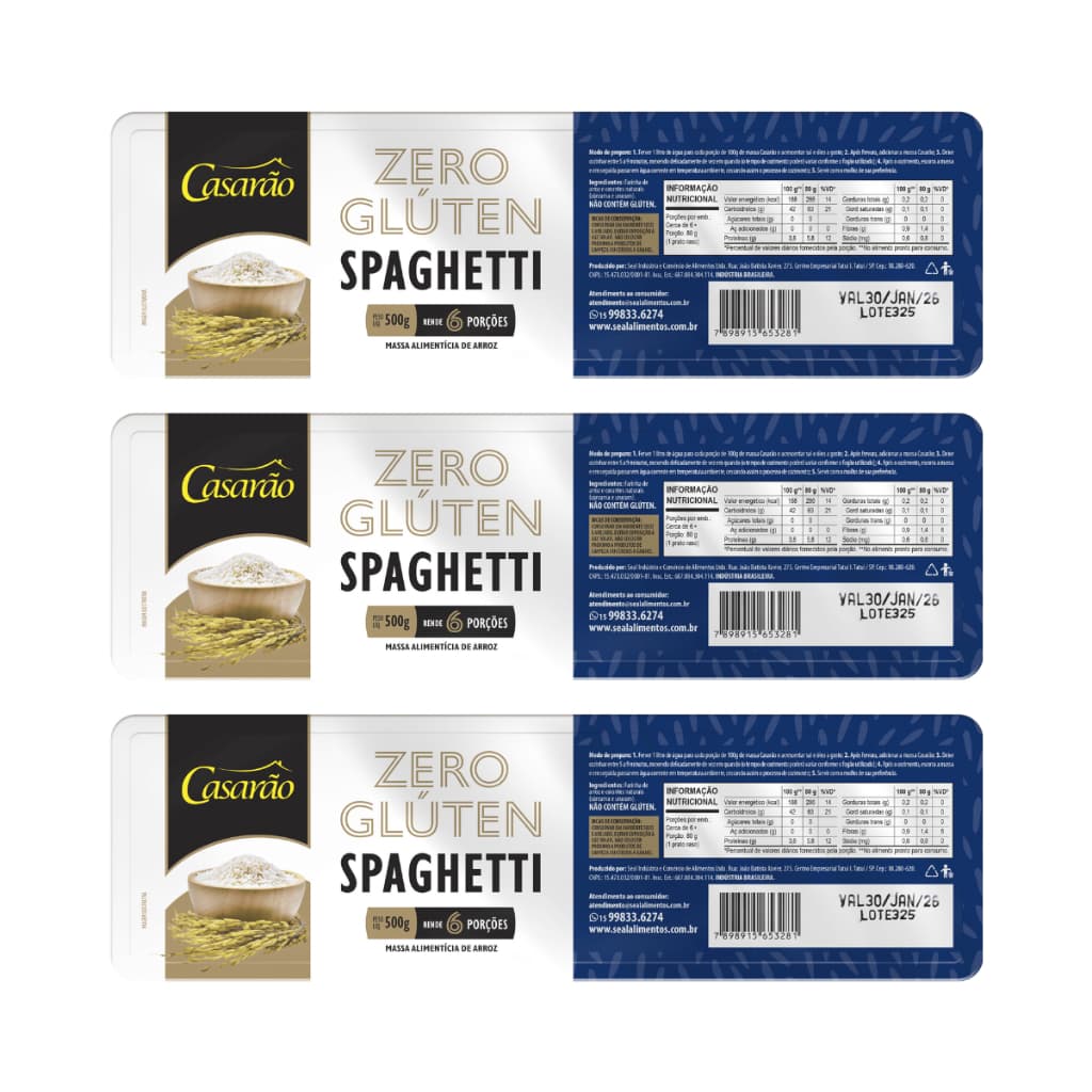 Kit com 3 Pacotes de Espaguete Spaguetti Premium sem Glúten de 500g cada - Casarão