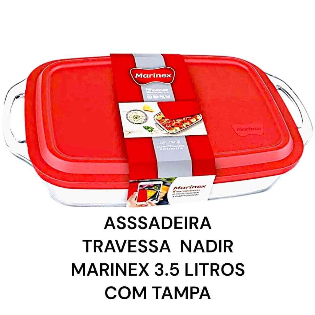 Travessa Assadeira de Vidro com Tampa Nadir Marinex 3.5 litros com Alça Forno Airfray Micro-ondas