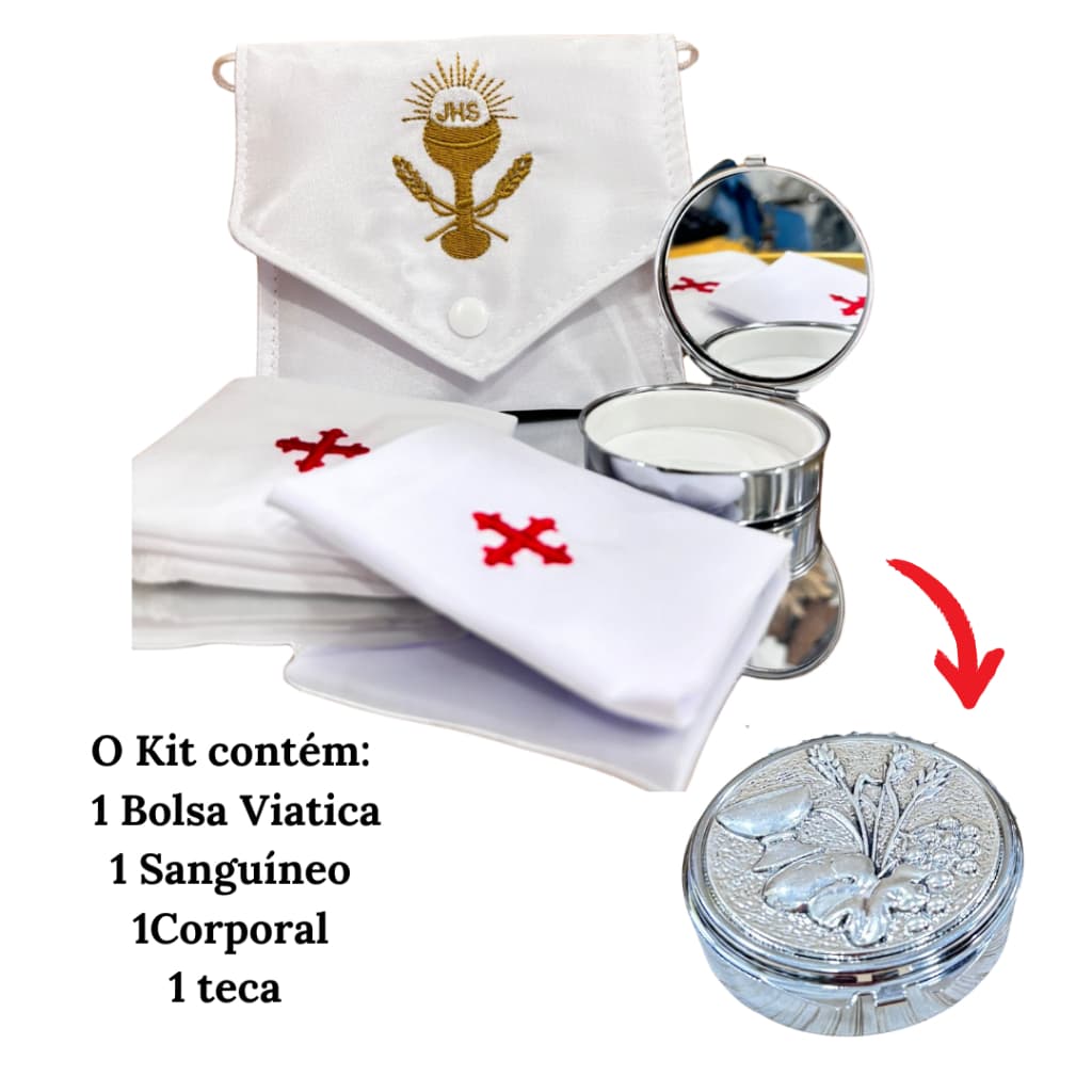 Kit Bolsa Viático Sanguíneo e Corporal +Teca Porta Hóstia Eucarística Prata Pão e Vinho