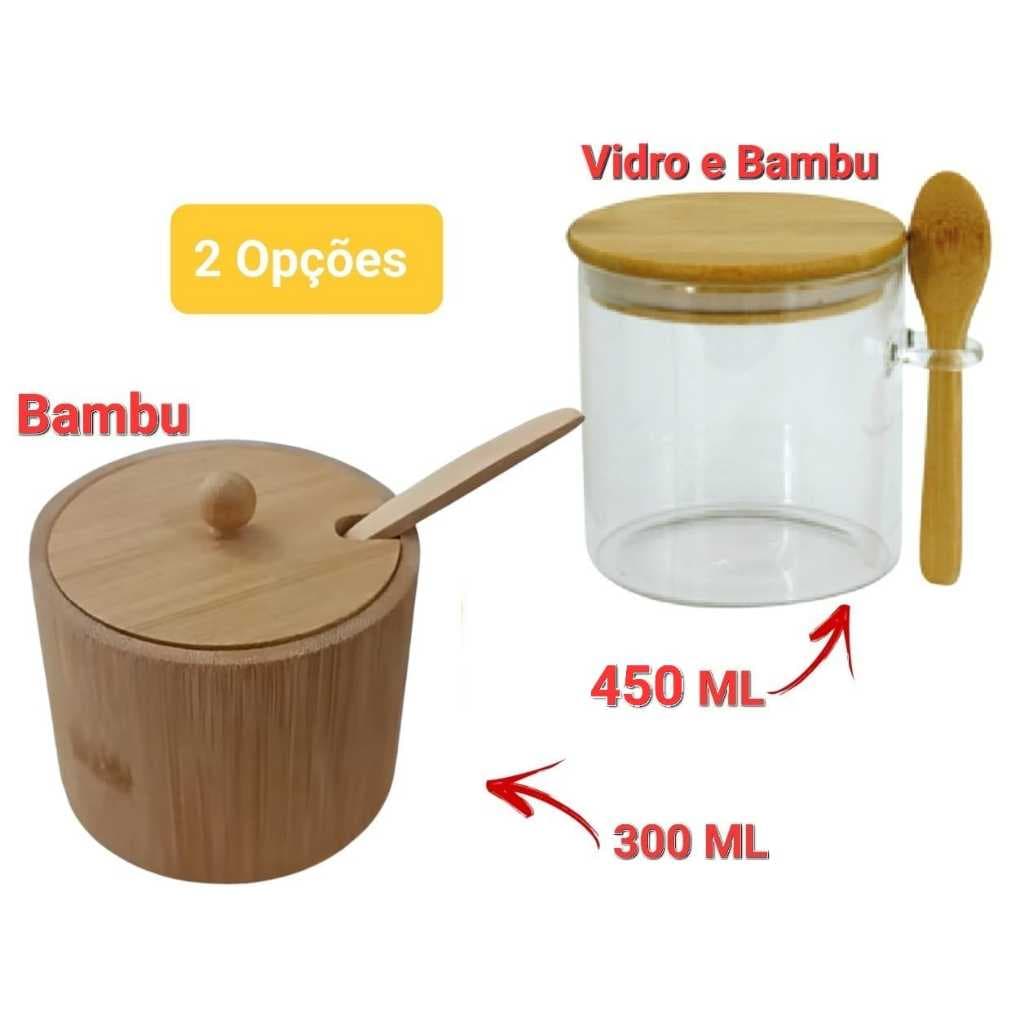 Saleiro Vidro ou Bambu Tampa de Bambu com Colher Redondo Temperos Condimentos Açucareiro Cozinha