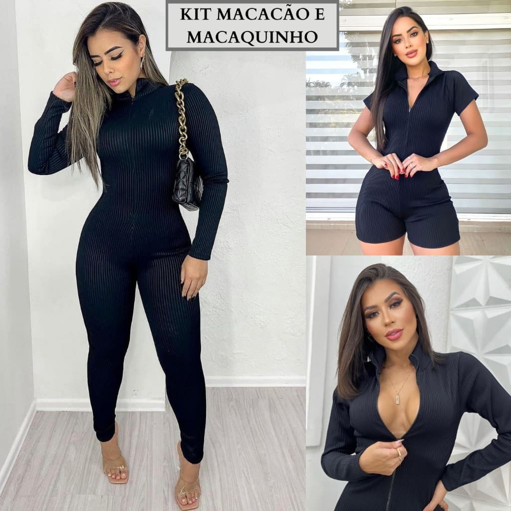Kit Macacão e Macaquinho Canelado 3D Premium Virginia Curto E Longo Com Ziper