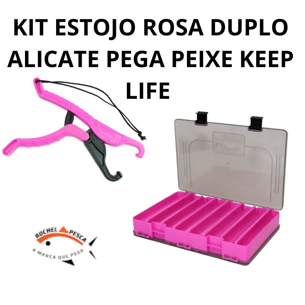 ESTOJO BOX DUPLO ROSA COM TAMPAS FUMES DE 16 DIVISORIAS PARA ISCA ARTIFICIAIS. KIT 1 ITEM CADA ALICATE PEGA PEIXE ROSA