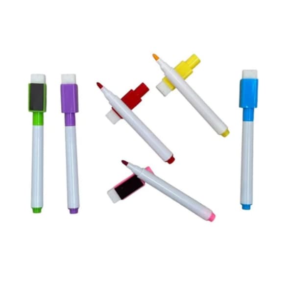 Kit 6 Canetas Coloridas para Quadro Branco C/ Apagador e Imã na Tampa