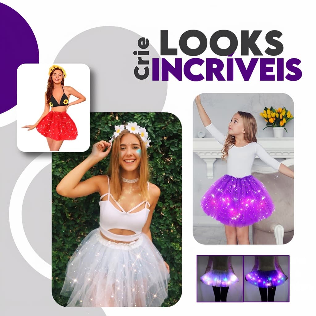 Saia Tule Carnaval Festa Led Tutu Fantasia Pisca Adulto E Infantil 40cm Até 100cm Diversas Cores