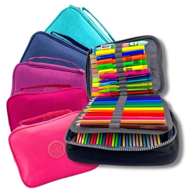 Estojo Escolar Juvenil Box Com Alça Nylon / Tactel 100 Pens Com Divisória