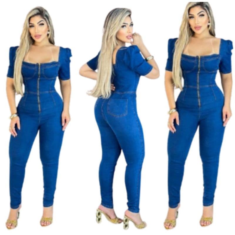 Macacão Jeans Feminino Manga Bufante Laycra Exclusivo