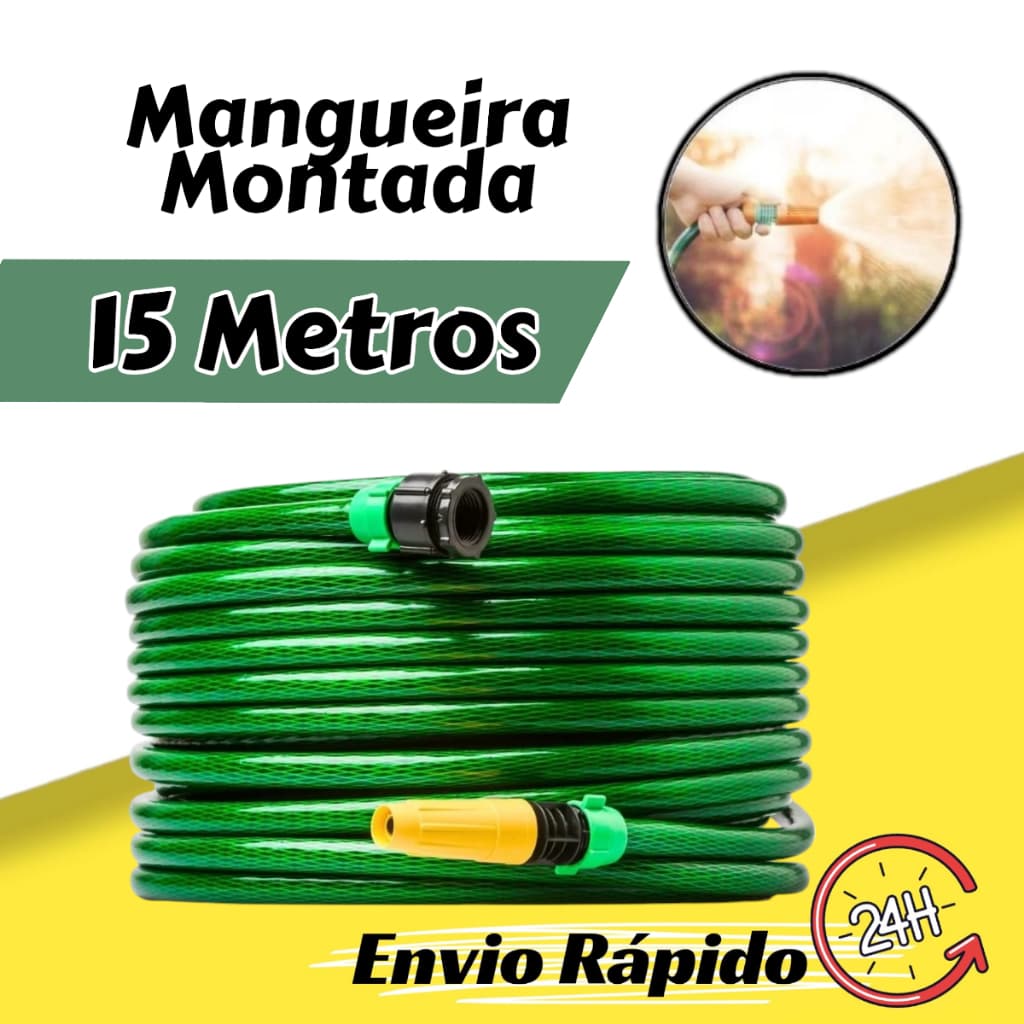 Mangueira De Jardim 15 Metros Reforçada Trançada Flexível Pronta com Esguicho + União uso Casa