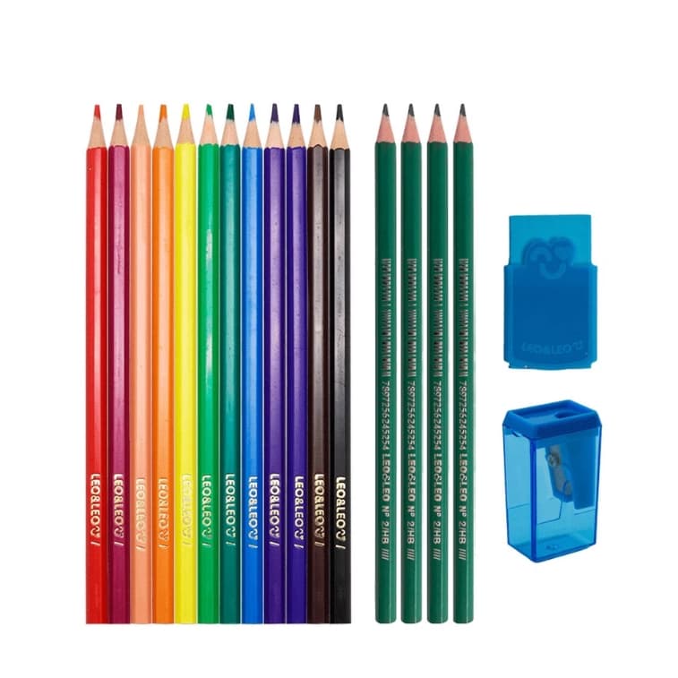 Kit Lápis de Cor 12 Cores C/4 Lápis Hb/ Borracha Apontador com Depósito Leo&Leo