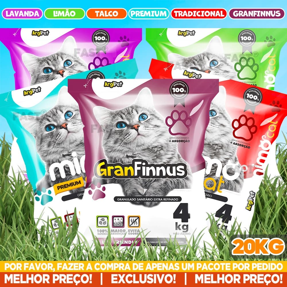 Kit Fardo 5 Pacotes de Areia Granulado Sanitário Perfumado Forma Torrões Absorção Antiodor Mimo Cat Gatos Argipet - 20KG