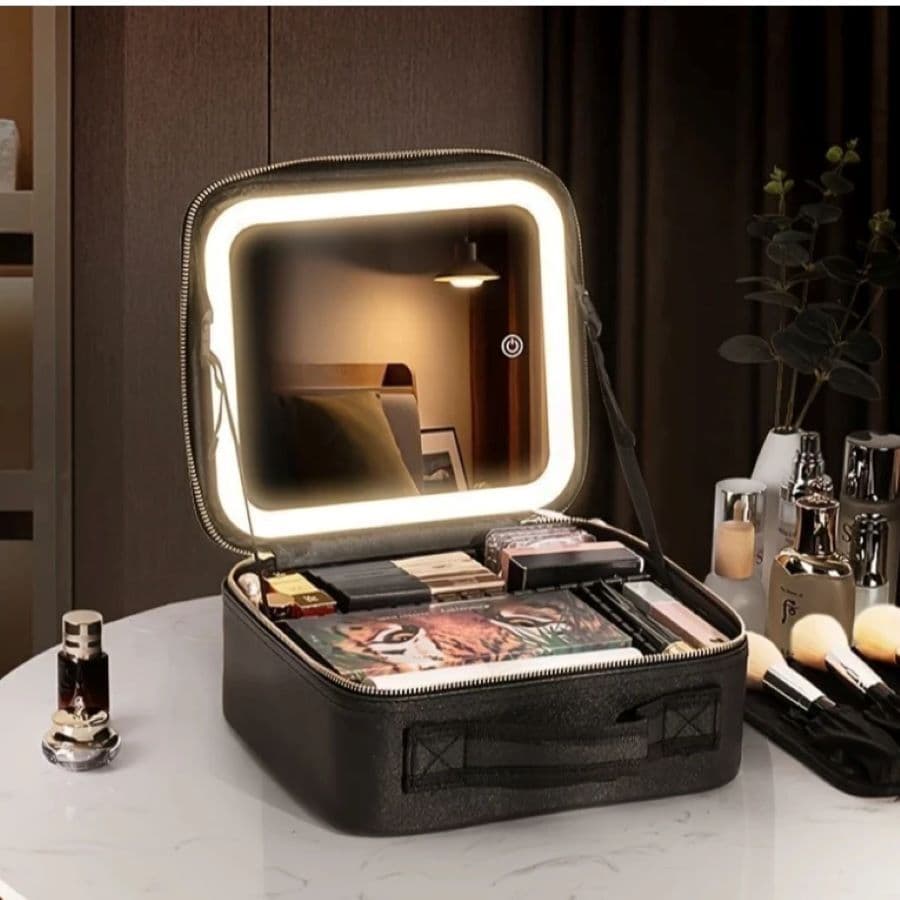 Maleta Maquiagem Com Espelho e Luz Led 3 Tons Usb Recarregável de Courino Makeup Profissional Organizador