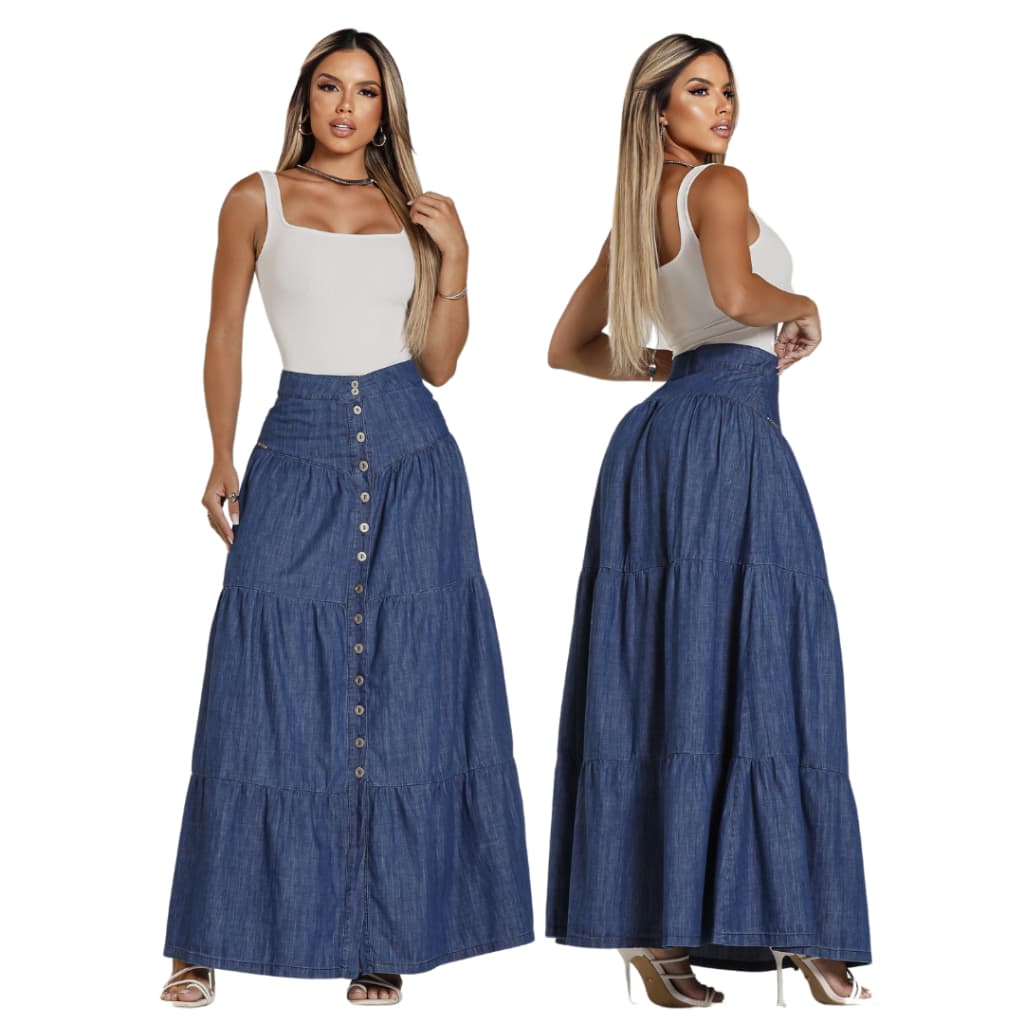 Saia Jeans Longa Rodada Estilo 3 Marias Sem Elastano Barata