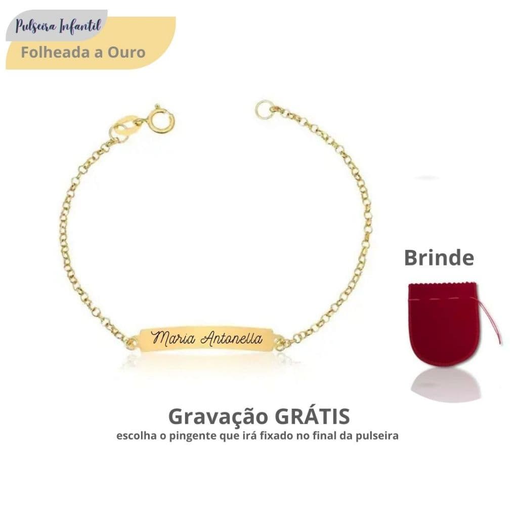 Pulseira Infantil Bebê Com Nome Gravado Dourada Com Saquinho de Veludo