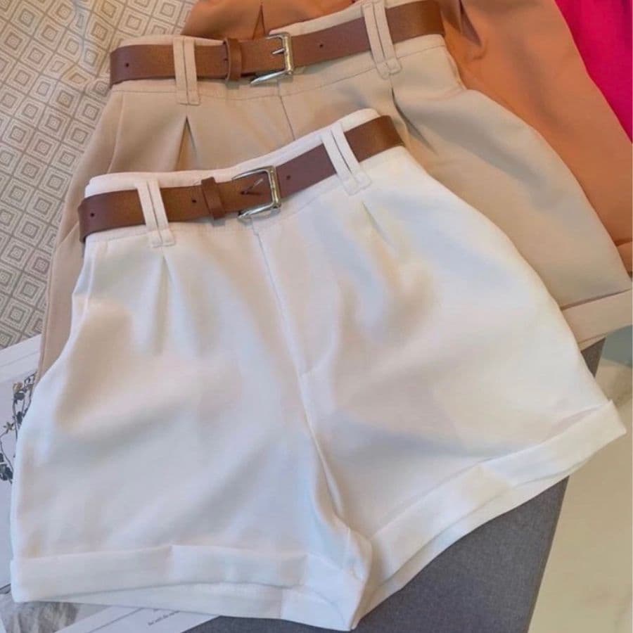 Short Feminino Alfaiataria Social Com Cinto Cintura Alta