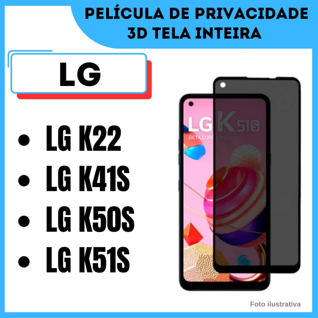 Película de Vidro de Privacidade para LG K22 / K41S / K50S / K51S / Película 3D.
