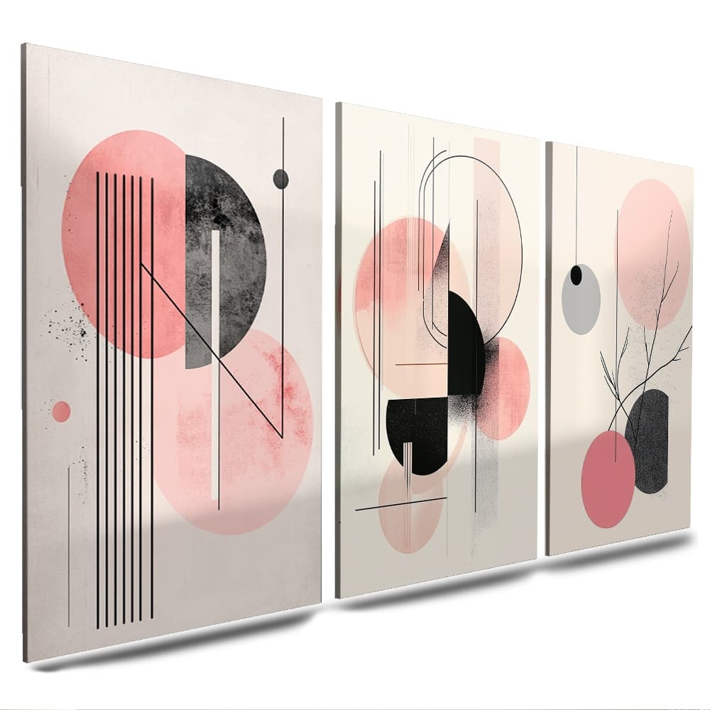 quadros abstratos rose 3 partes geometricos para sala decoração (ABS ROSA)