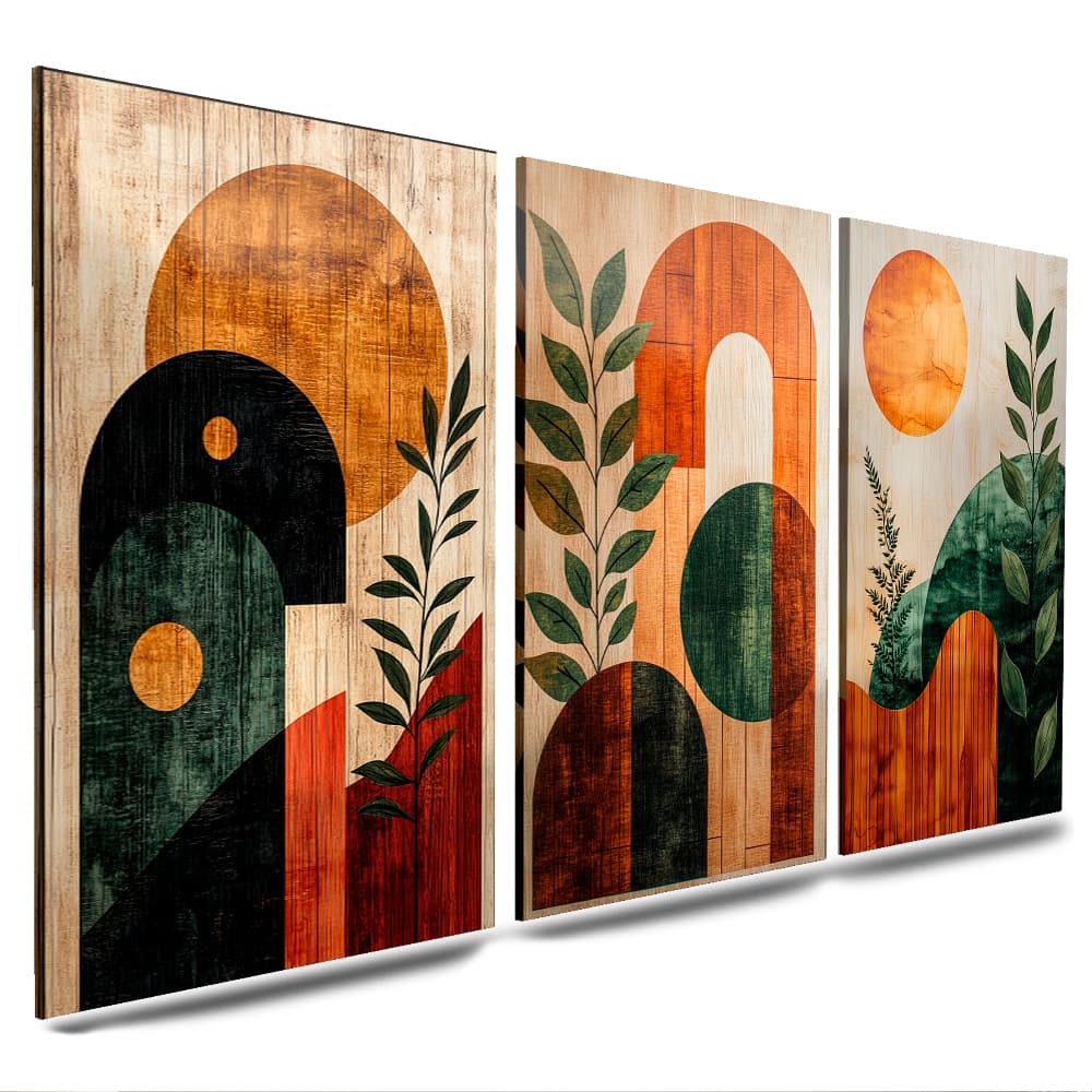 quadros decorativos figuras geometricas flores gold luxo abstrato 3 peças para sala quarto(ABS VERDE E LARANJA)