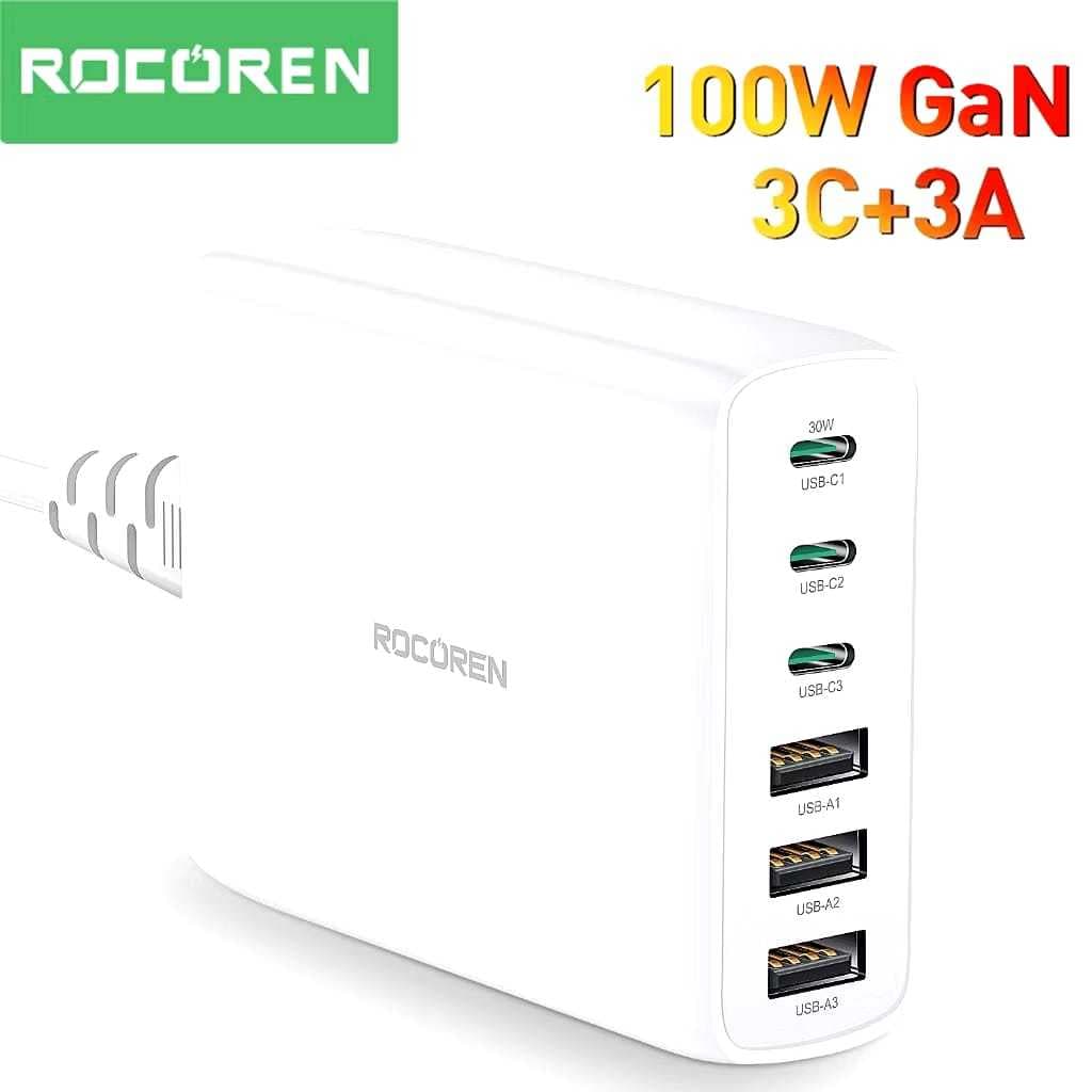 Estação de Carregamento Múltipla Rocoren -100W Carregador USB Tipo C -PD Carga Rápida..