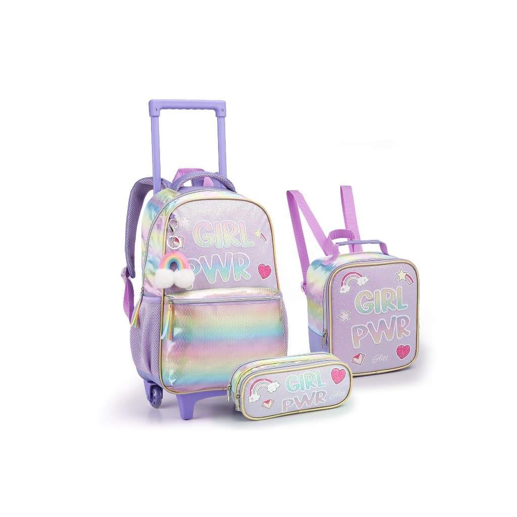 Kit Escolar 3 Peças Mochila Rodinhas Menina Arco - Íris Lilás Girl Pwr Seatine Super Promoção