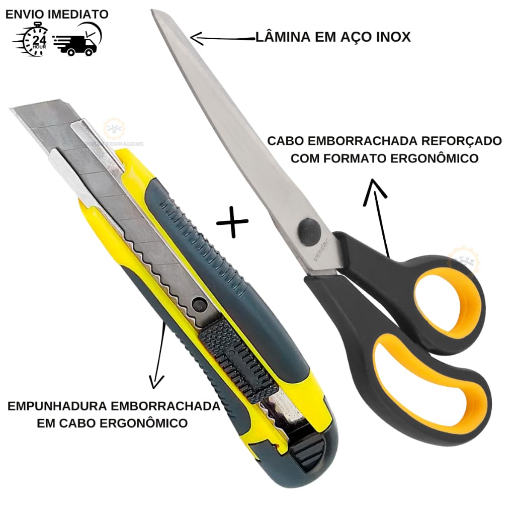KIT 1 ESTILETE + 1 TESOURA DE AÇO INOX 25CM REFORÇADO PROFISSIONAL -ALTA DURABILIDADE