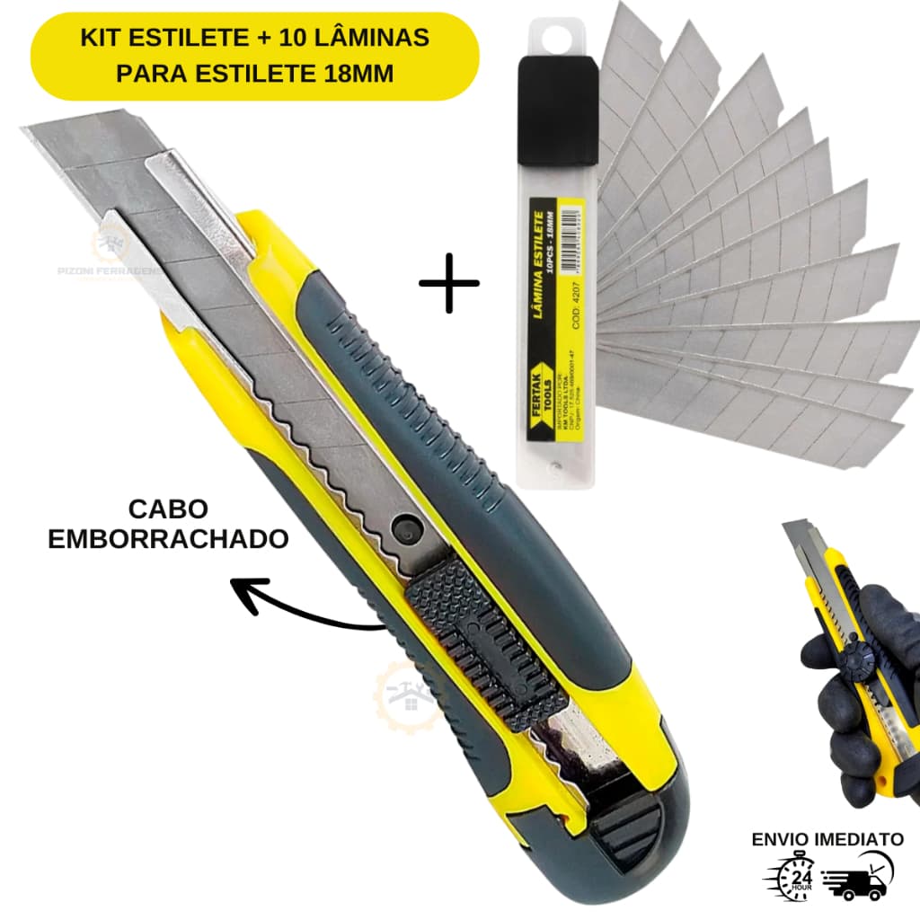 KIT 1 ESTILETE + 10 LAMINAS PARA ESTILETE 18MM PROFISSIONAL-FERTAK