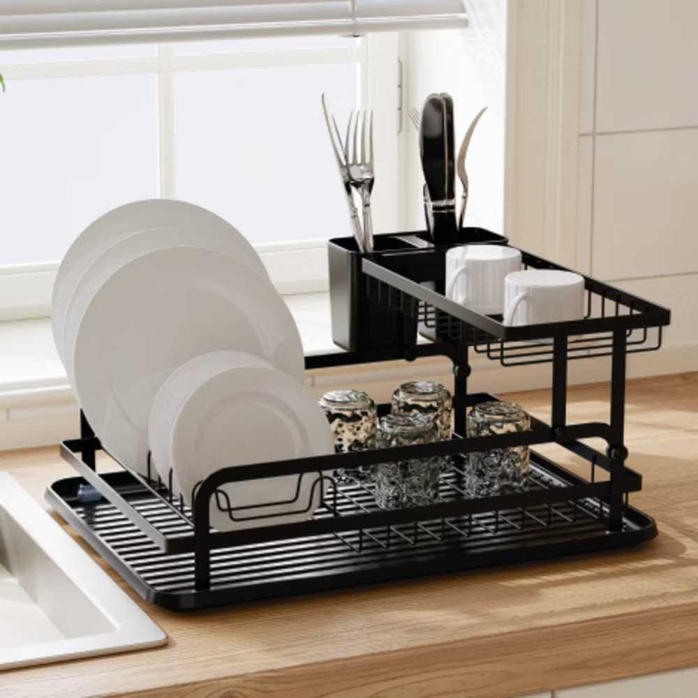 Escorredor de Louças e Talheres 2 Andares Aço Inox Preto  40X28X19,5 CM