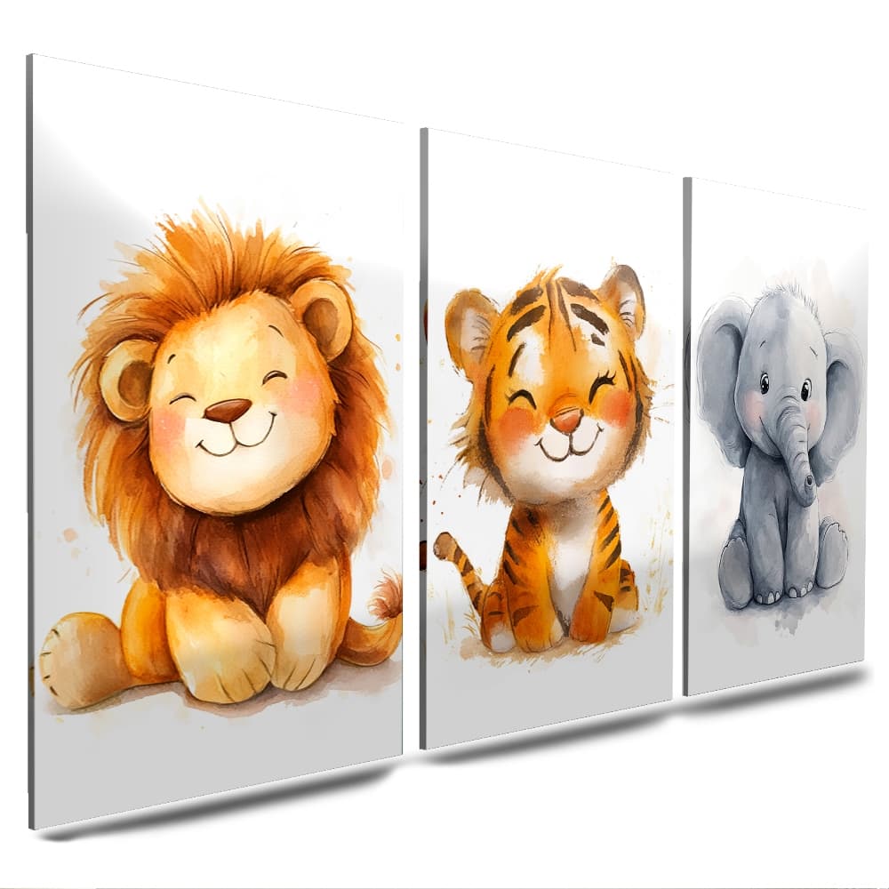 Kit De Quadros Safari Para Quartos De Criança Animais Delicados 3 Peças Decoração Infantil (SAFARI)